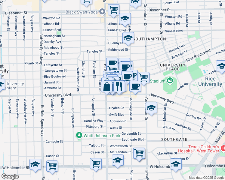 map of restaurants, bars, coffee shops, grocery stores, and more near 2551 Amherst Street in Houston