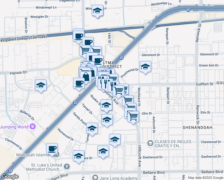 map of restaurants, bars, coffee shops, grocery stores, and more near in Houston