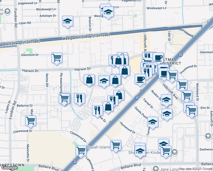 map of restaurants, bars, coffee shops, grocery stores, and more near in Houston