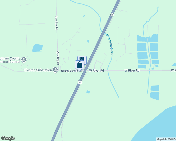 map of restaurants, bars, coffee shops, grocery stores, and more near 129 W River Rd in Palatka