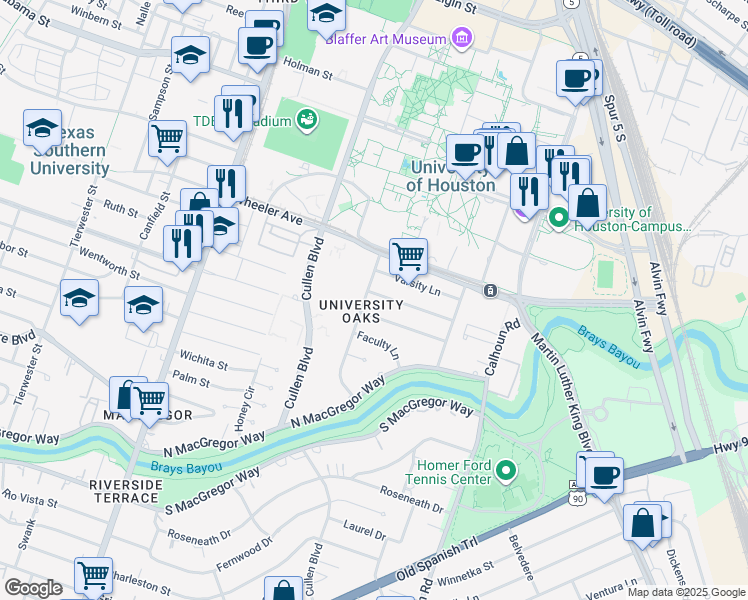 map of restaurants, bars, coffee shops, grocery stores, and more near 4366 Fiesta Lane in Houston