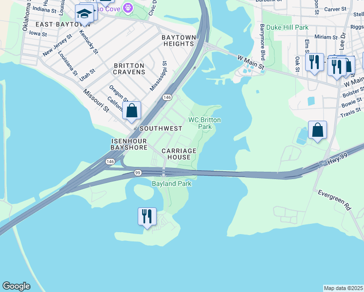 map of restaurants, bars, coffee shops, grocery stores, and more near 1200 Missouri Street in Baytown
