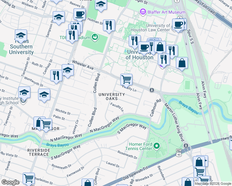 map of restaurants, bars, coffee shops, grocery stores, and more near 4366 Fiesta Lane in Houston