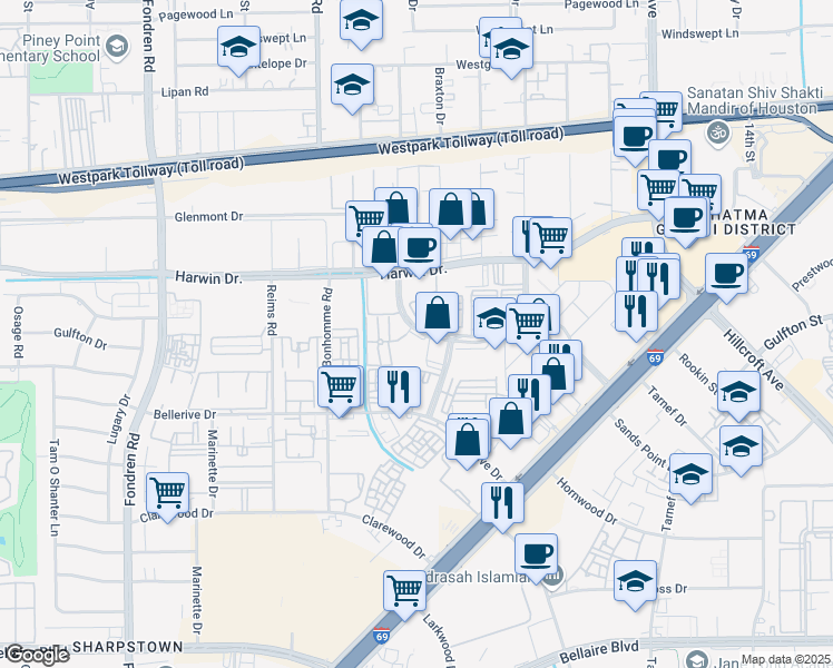 map of restaurants, bars, coffee shops, grocery stores, and more near 7207 Regency Square Boulevard in Houston