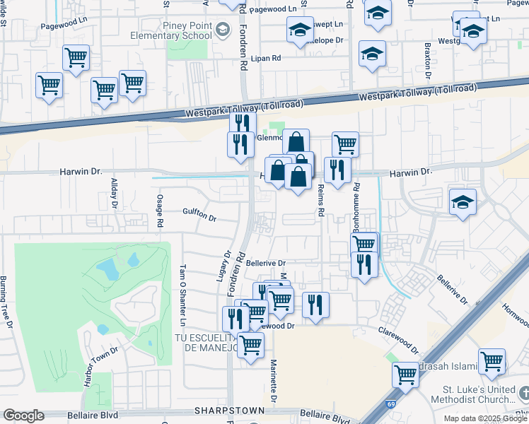 map of restaurants, bars, coffee shops, grocery stores, and more near 25 Gulfton Drive in Houston