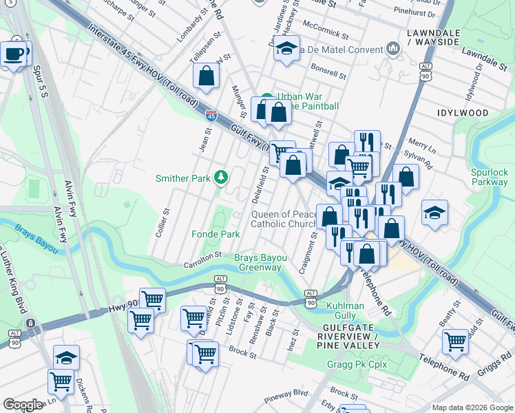 map of restaurants, bars, coffee shops, grocery stores, and more near 2502 Lidstone Street in Houston