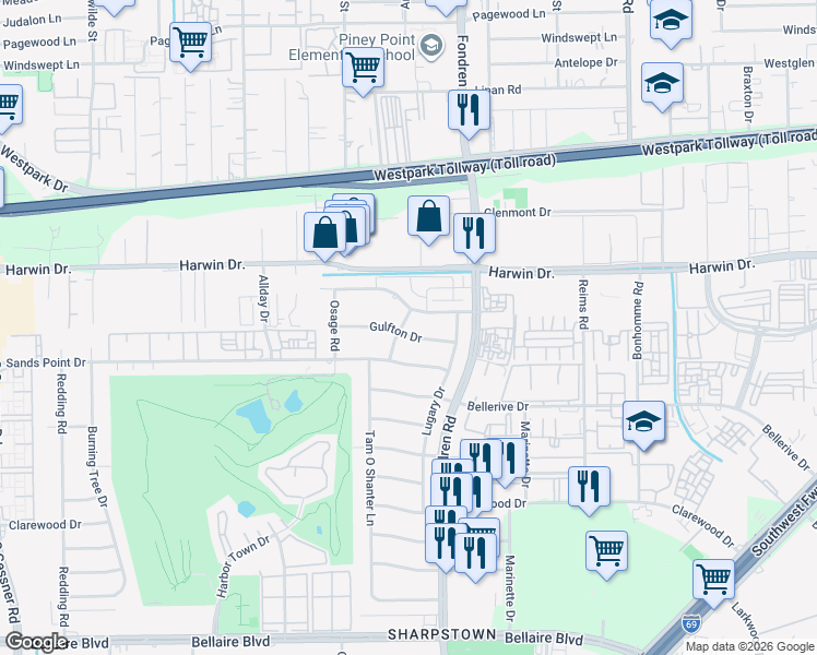 map of restaurants, bars, coffee shops, grocery stores, and more near 7811 Gulfton Drive in Houston