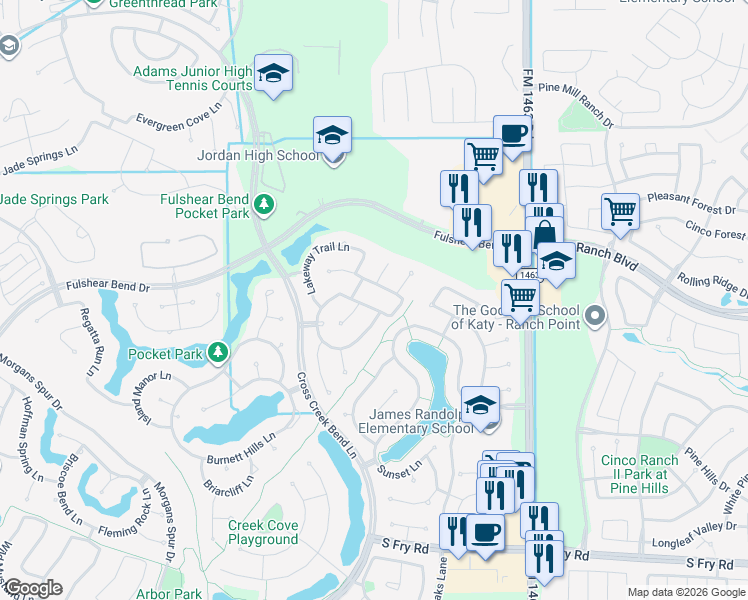 map of restaurants, bars, coffee shops, grocery stores, and more near 27510 Kingsland Place Lane in Fulshear