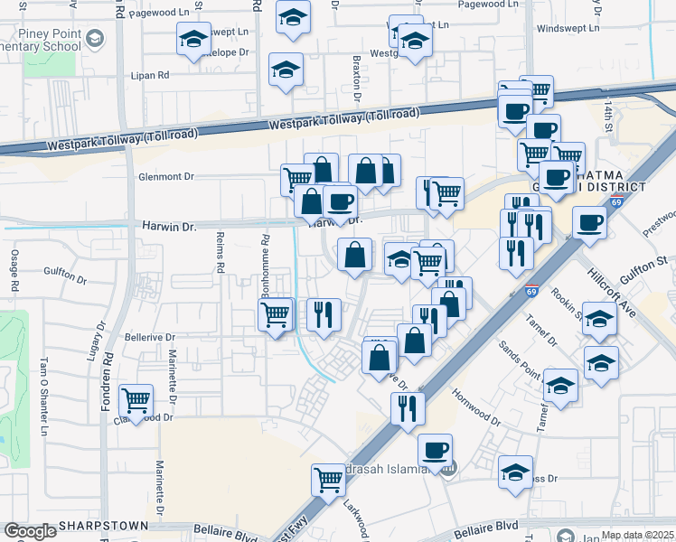 map of restaurants, bars, coffee shops, grocery stores, and more near 7211 Regency Square Boulevard in Houston
