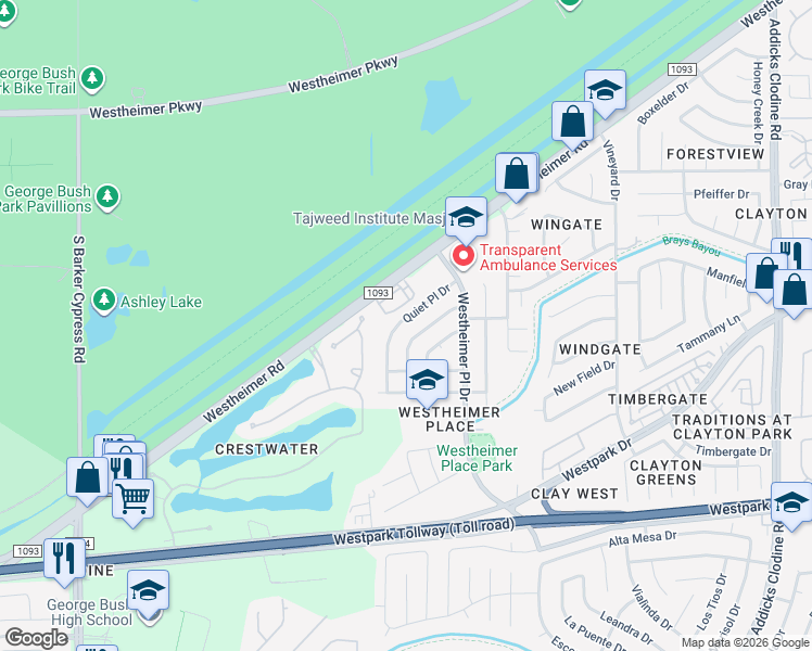 map of restaurants, bars, coffee shops, grocery stores, and more near 3842 Old Post Road in Houston