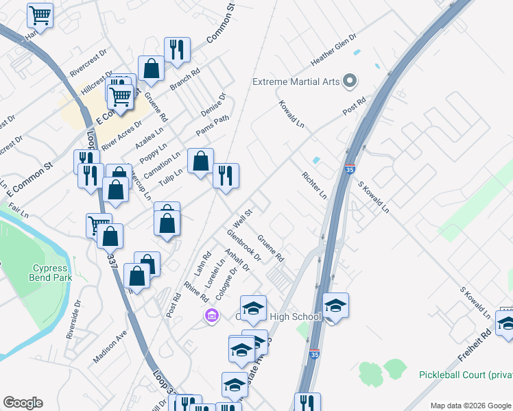 map of restaurants, bars, coffee shops, grocery stores, and more near 242 Gruene Road in New Braunfels