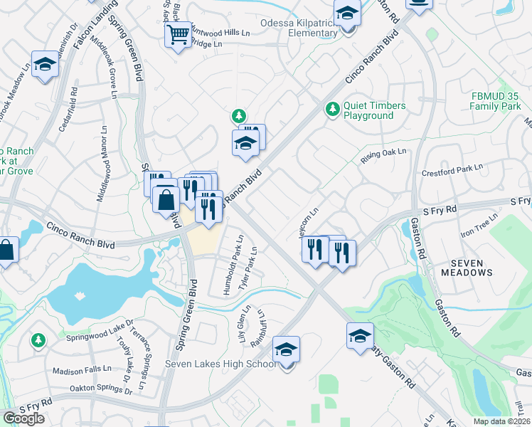 map of restaurants, bars, coffee shops, grocery stores, and more near 5014 Juniper Walk Lane in Katy