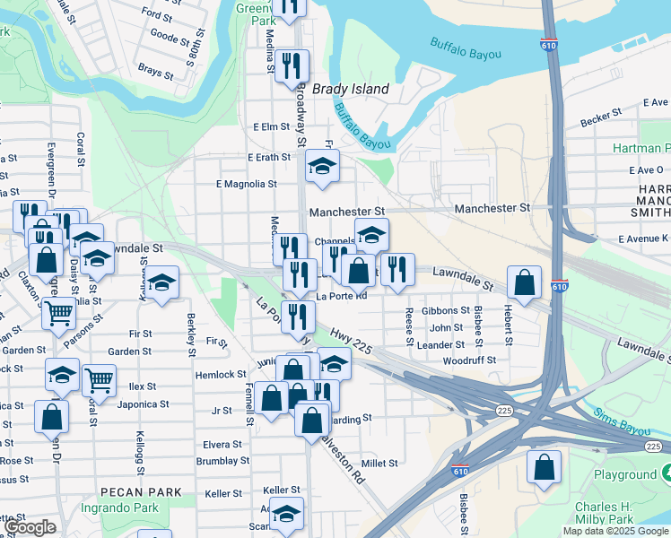 map of restaurants, bars, coffee shops, grocery stores, and more near 1001 Frio Street in Houston