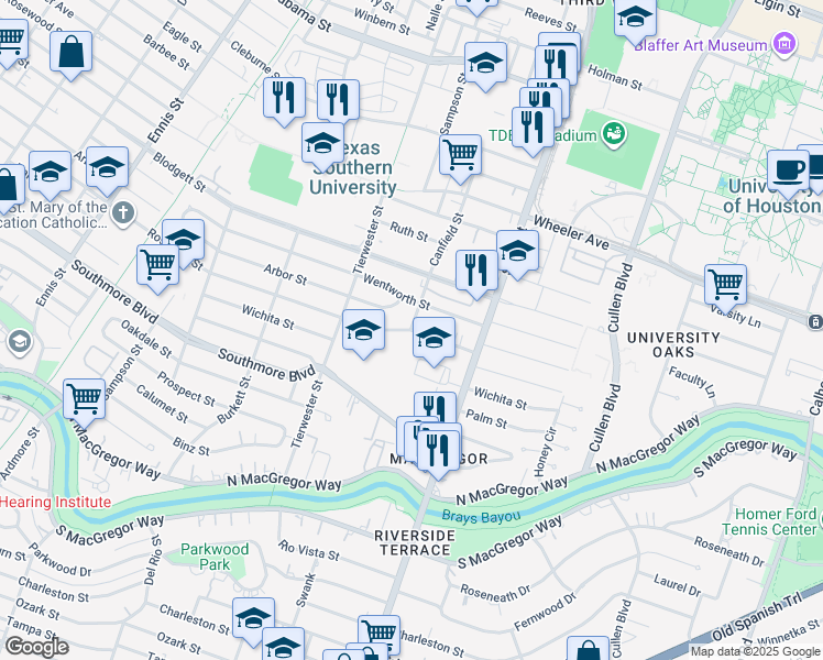 map of restaurants, bars, coffee shops, grocery stores, and more near 3602 Wentworth Street in Houston