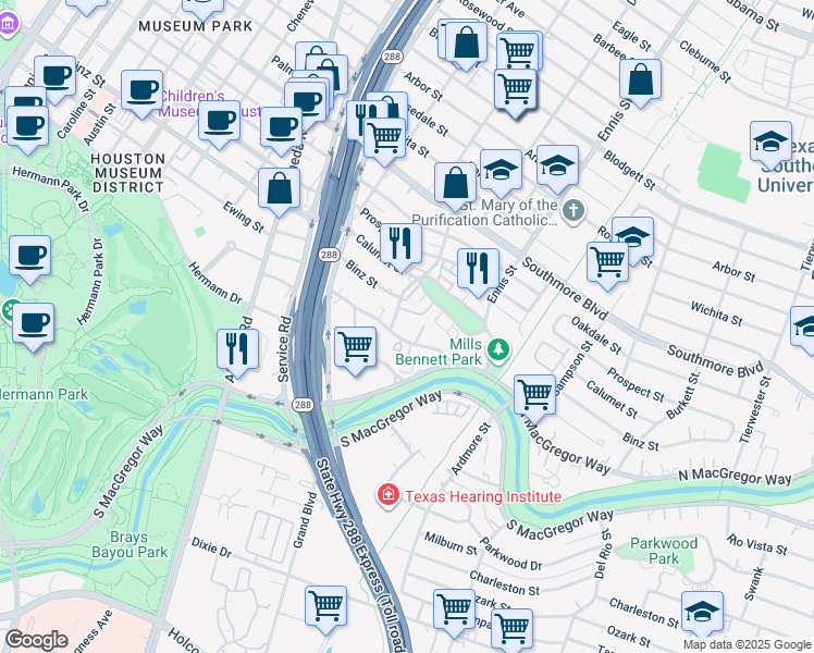 map of restaurants, bars, coffee shops, grocery stores, and more near 2608 South Calumet Street in Houston