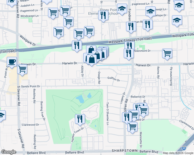map of restaurants, bars, coffee shops, grocery stores, and more near 5814 Osage Road in Houston