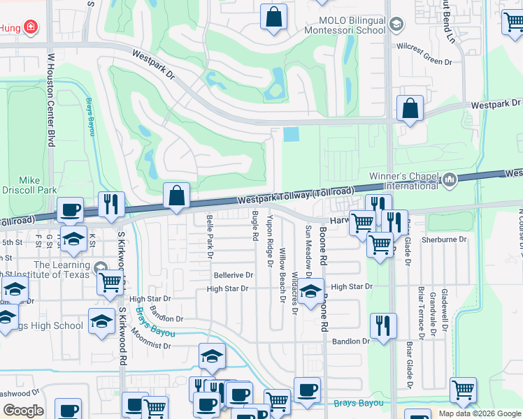 map of restaurants, bars, coffee shops, grocery stores, and more near 11422 Montmarte Boulevard in Houston