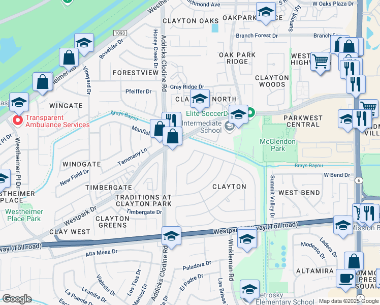 map of restaurants, bars, coffee shops, grocery stores, and more near 3603 Cedar Gardens Drive in Houston