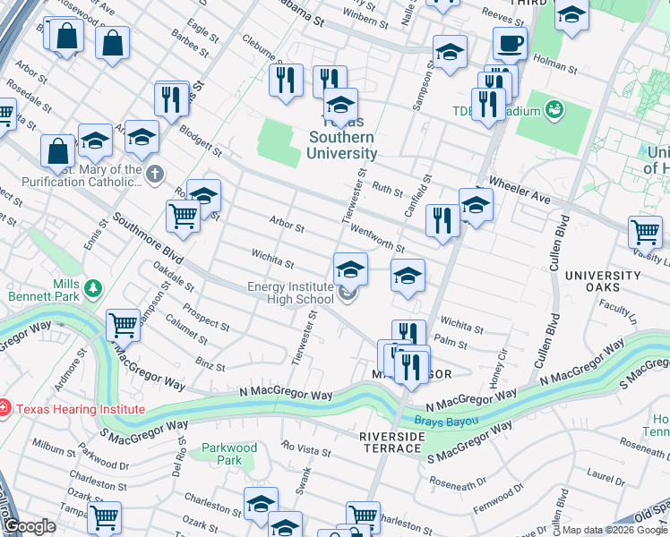map of restaurants, bars, coffee shops, grocery stores, and more near 3501 Rosedale Street in Houston