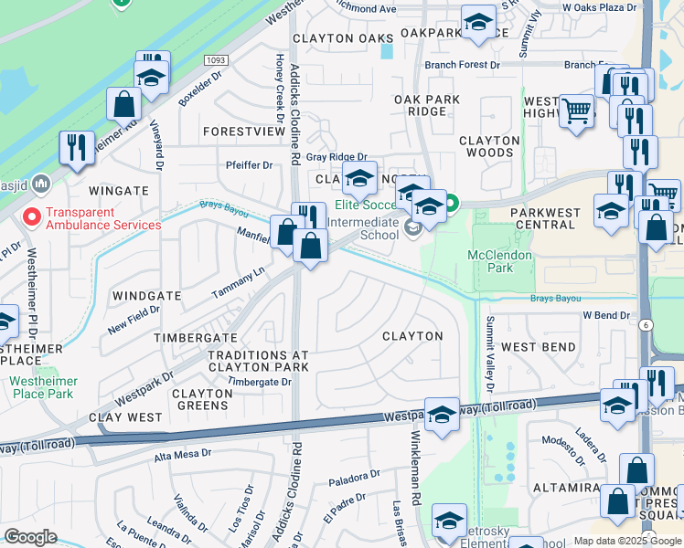 map of restaurants, bars, coffee shops, grocery stores, and more near 3603 Cedar Gardens Drive in Houston