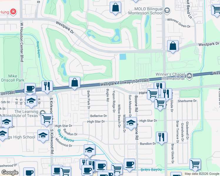 map of restaurants, bars, coffee shops, grocery stores, and more near 11422 Montmarte Boulevard in Houston