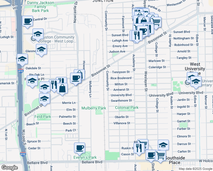 map of restaurants, bars, coffee shops, grocery stores, and more near 4227 Rice Boulevard in Houston