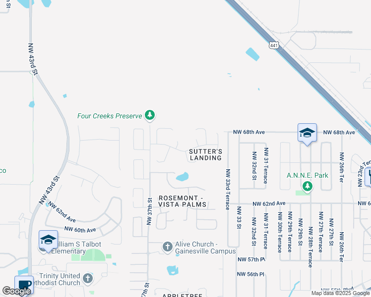 map of restaurants, bars, coffee shops, grocery stores, and more near 3526 Northwest 67th Avenue in Gainesville