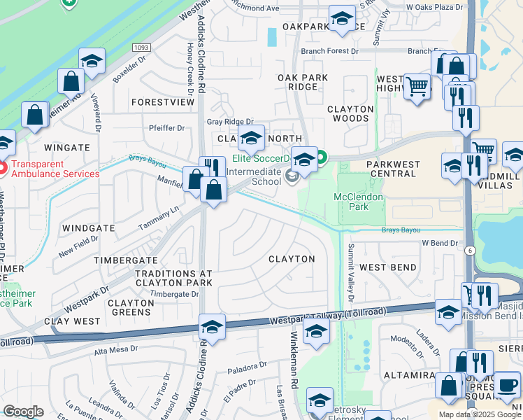 map of restaurants, bars, coffee shops, grocery stores, and more near 3627 Cedar Gardens Drive in Houston