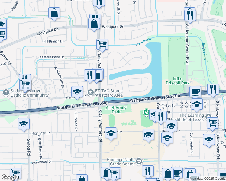 map of restaurants, bars, coffee shops, grocery stores, and more near 3802 Shadow Knoll Court in Houston