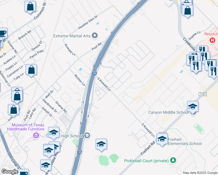 map of restaurants, bars, coffee shops, grocery stores, and more near 372 Pheasant Lane in New Braunfels