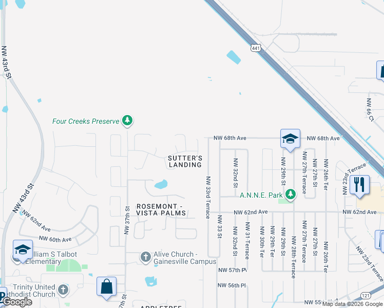 map of restaurants, bars, coffee shops, grocery stores, and more near 6715 Northwest 34th Terrace in Gainesville