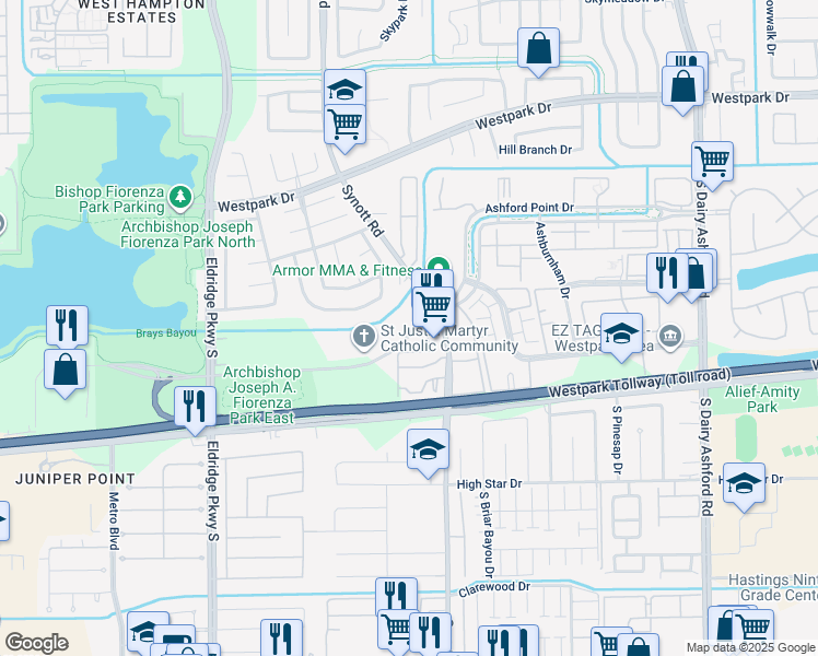 map of restaurants, bars, coffee shops, grocery stores, and more near 13180 Ashford Point Drive in Houston