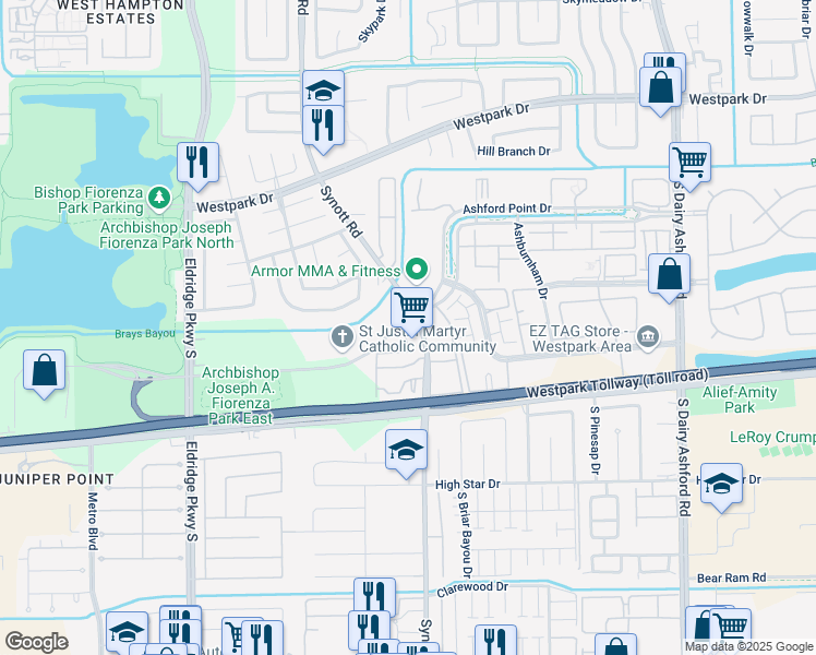 map of restaurants, bars, coffee shops, grocery stores, and more near 13103 Ashford Point Drive in Houston