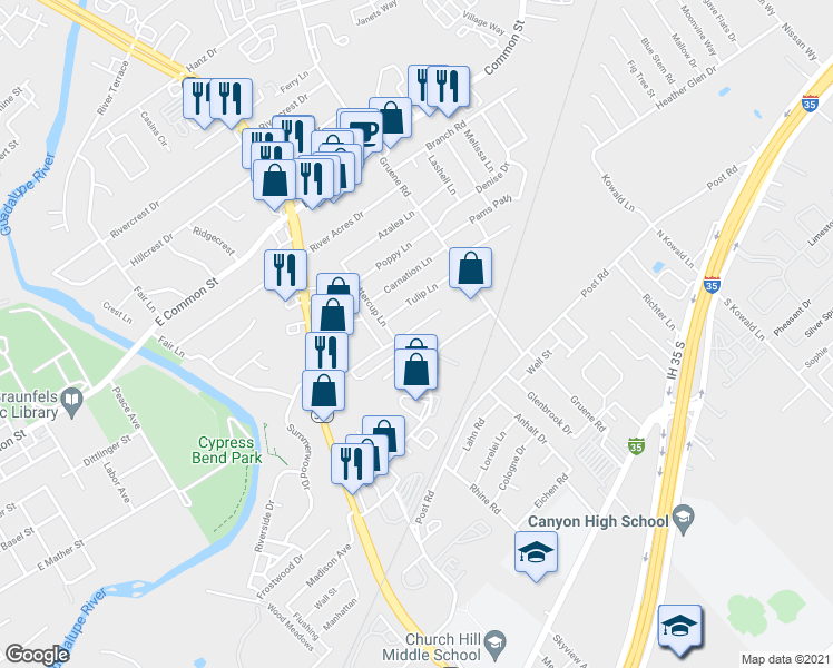 map of restaurants, bars, coffee shops, grocery stores, and more near 1316 Summerwood Drive in New Braunfels