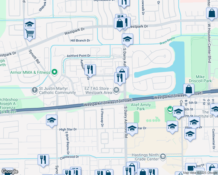 map of restaurants, bars, coffee shops, grocery stores, and more near 12710 Brant Rock Drive in Houston