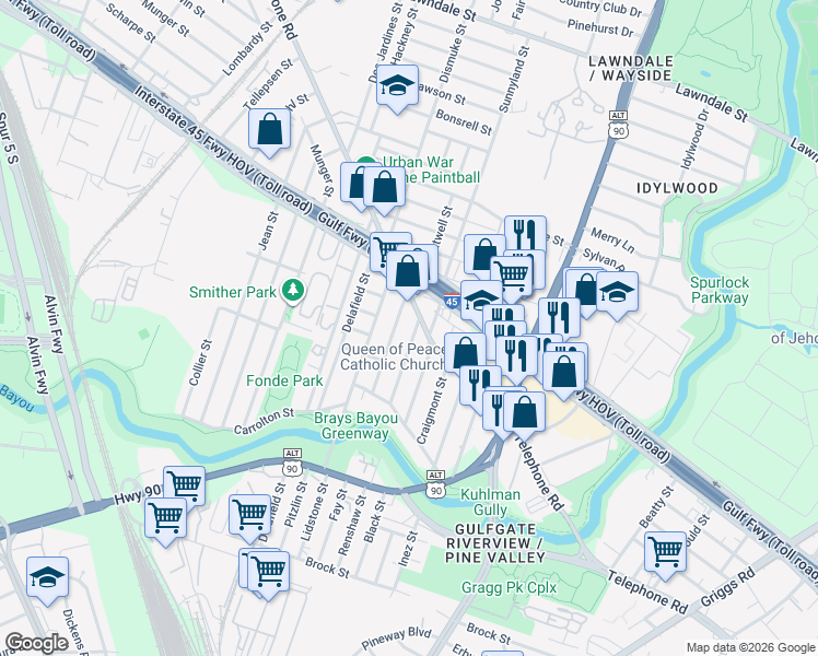 map of restaurants, bars, coffee shops, grocery stores, and more near 2324 Cumberland Street in Houston