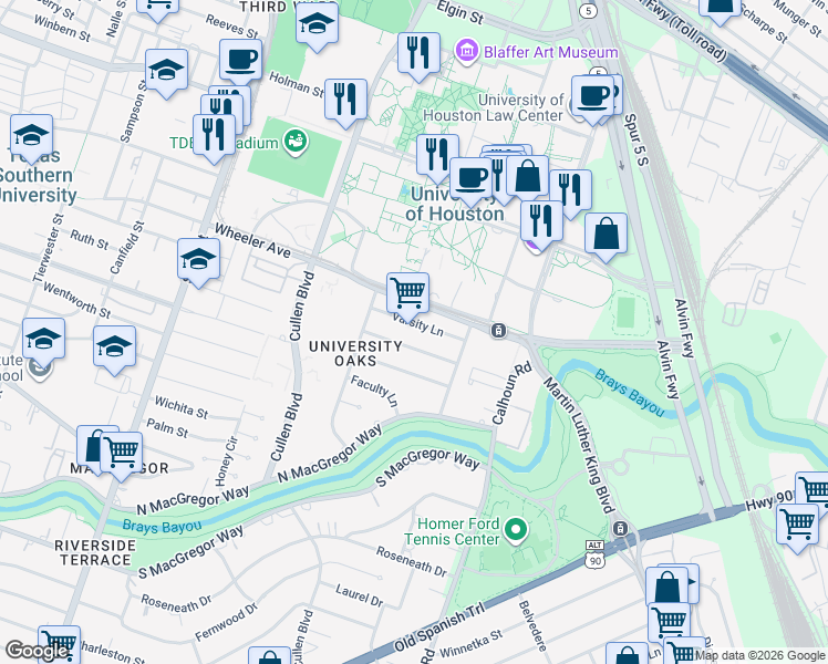 map of restaurants, bars, coffee shops, grocery stores, and more near 4375 Varsity Lane in Houston