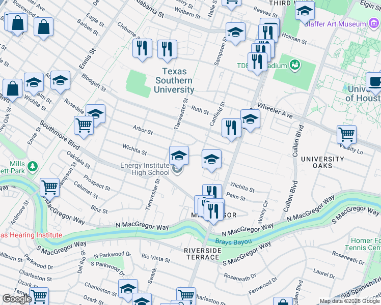 map of restaurants, bars, coffee shops, grocery stores, and more near 3530 Arbor Street in Houston