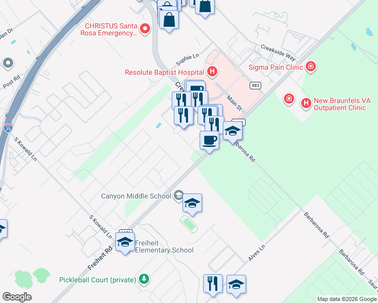 map of restaurants, bars, coffee shops, grocery stores, and more near 614 Central Parkway in New Braunfels