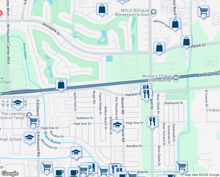 map of restaurants, bars, coffee shops, grocery stores, and more near 11530 Harwin Drive in Houston