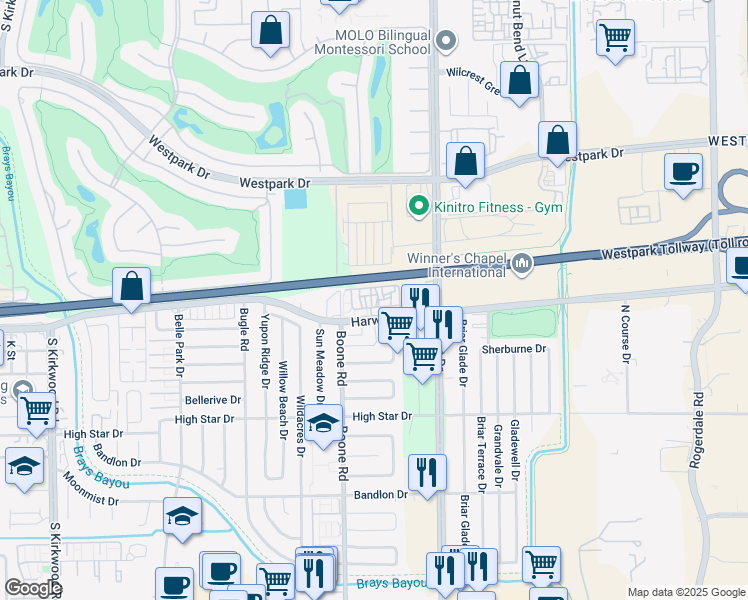 map of restaurants, bars, coffee shops, grocery stores, and more near 11490 Harwin Drive in Houston