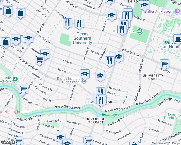 map of restaurants, bars, coffee shops, grocery stores, and more near 3530 Arbor Street in Houston
