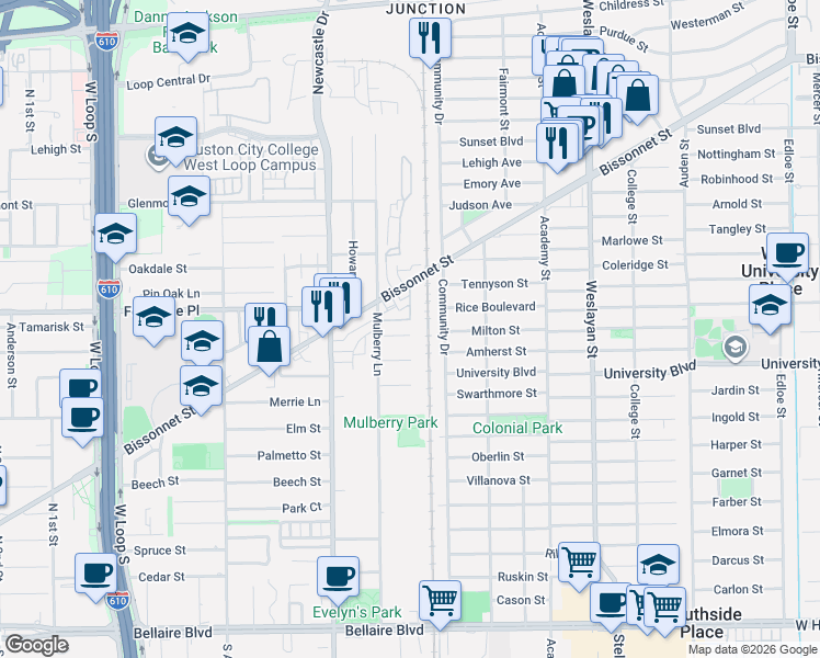 map of restaurants, bars, coffee shops, grocery stores, and more near 4300 Compton Circle in Bellaire