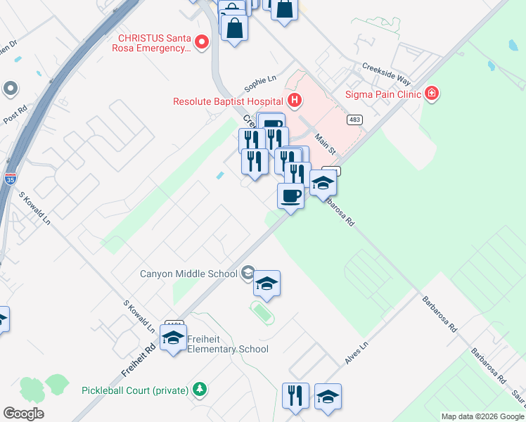 map of restaurants, bars, coffee shops, grocery stores, and more near 614 Central Parkway in New Braunfels
