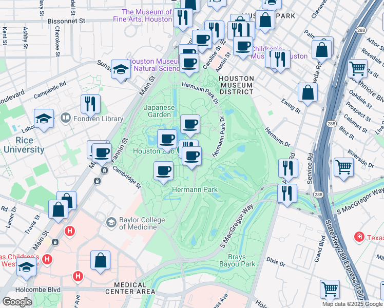 map of restaurants, bars, coffee shops, grocery stores, and more near 6200 Hermann Park Drive in Houston
