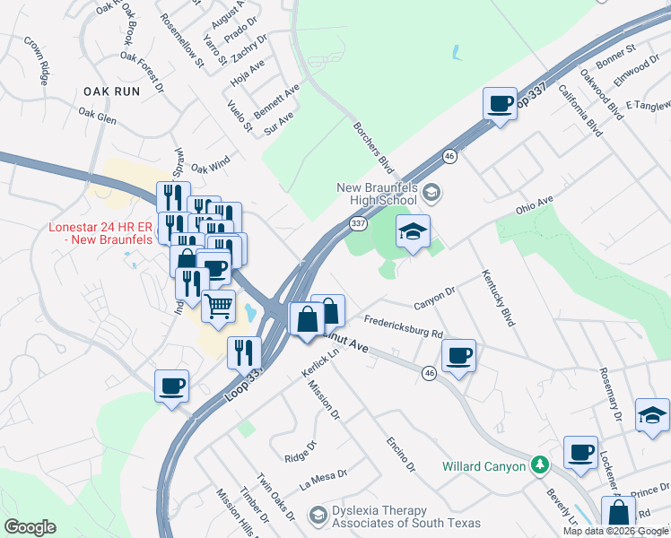 map of restaurants, bars, coffee shops, grocery stores, and more near 1372 Patio Drive in New Braunfels