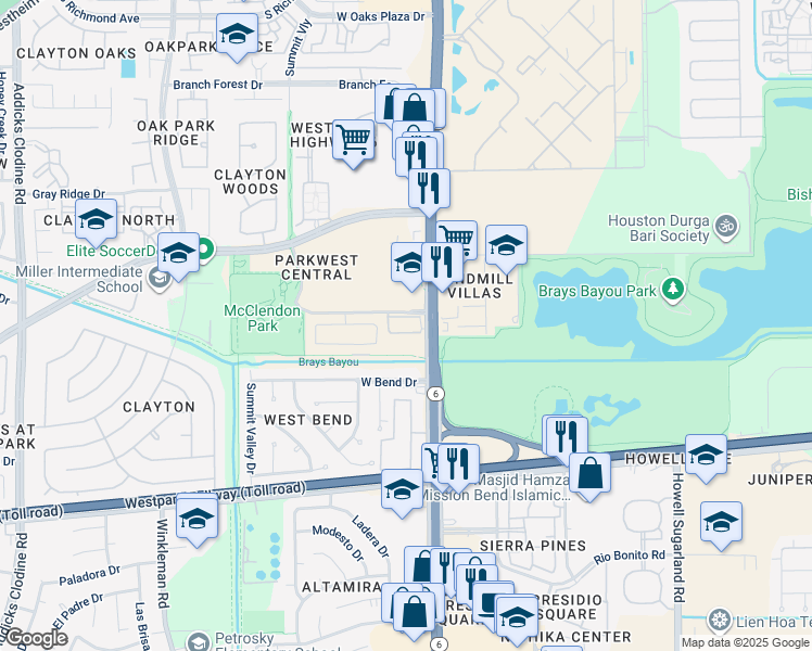 map of restaurants, bars, coffee shops, grocery stores, and more near 3800 South Texas 6 in Houston