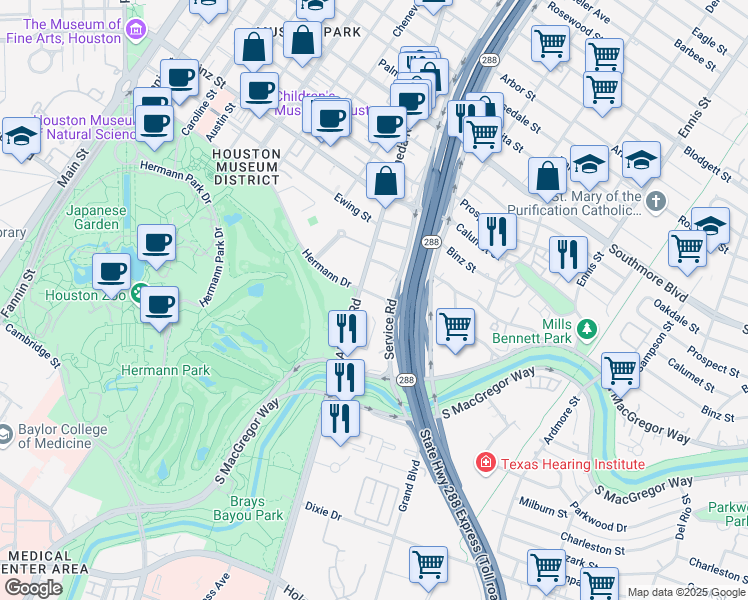 map of restaurants, bars, coffee shops, grocery stores, and more near 2214 North MacGregor Way in Houston