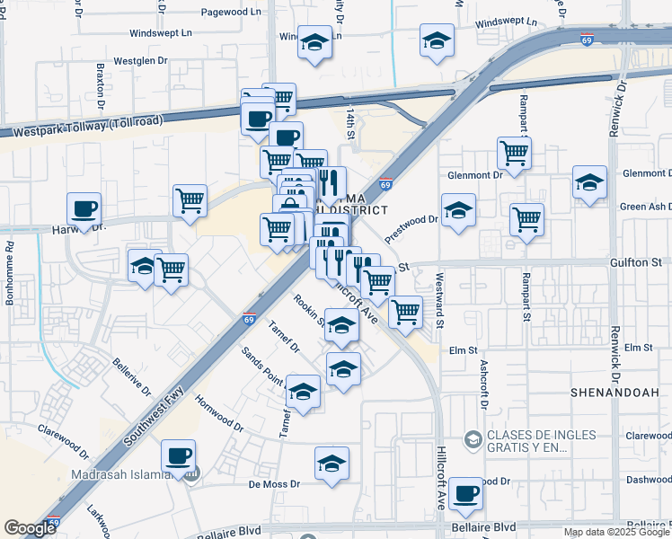 map of restaurants, bars, coffee shops, grocery stores, and more near 6015 Hillcroft Street in Houston