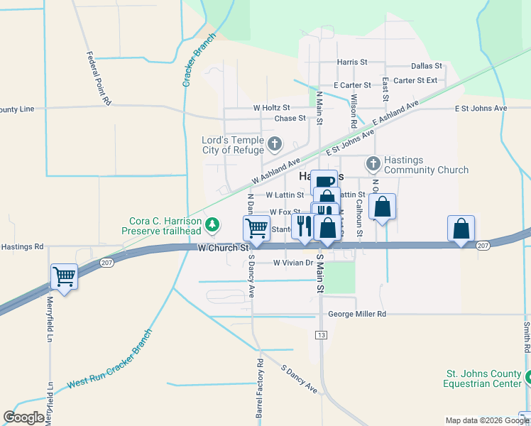 map of restaurants, bars, coffee shops, grocery stores, and more near 214 West Fox Street in Hastings